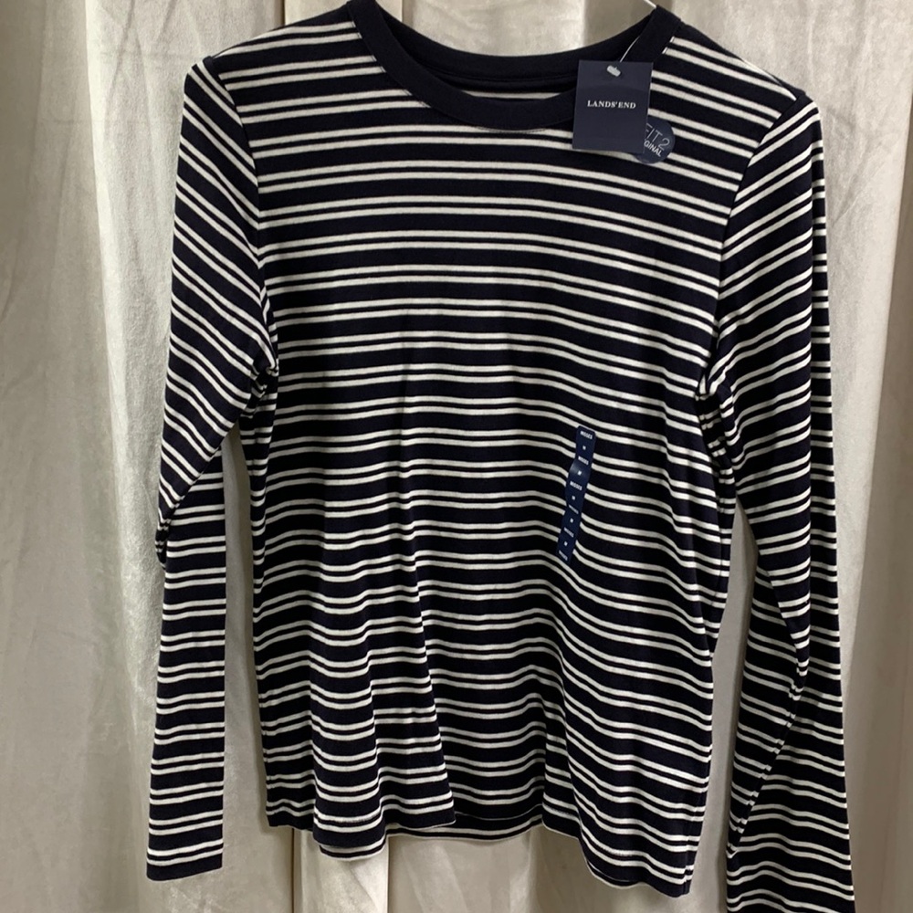 NEW Lands’ End classic long sleeve striped t-shirt navy blue white med. cotton